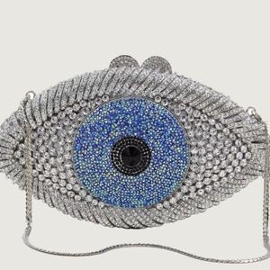 NEW Luxury Evil Eye Crystal Evening Clutch Bag Sparkling Rhinestone Hollow Metal